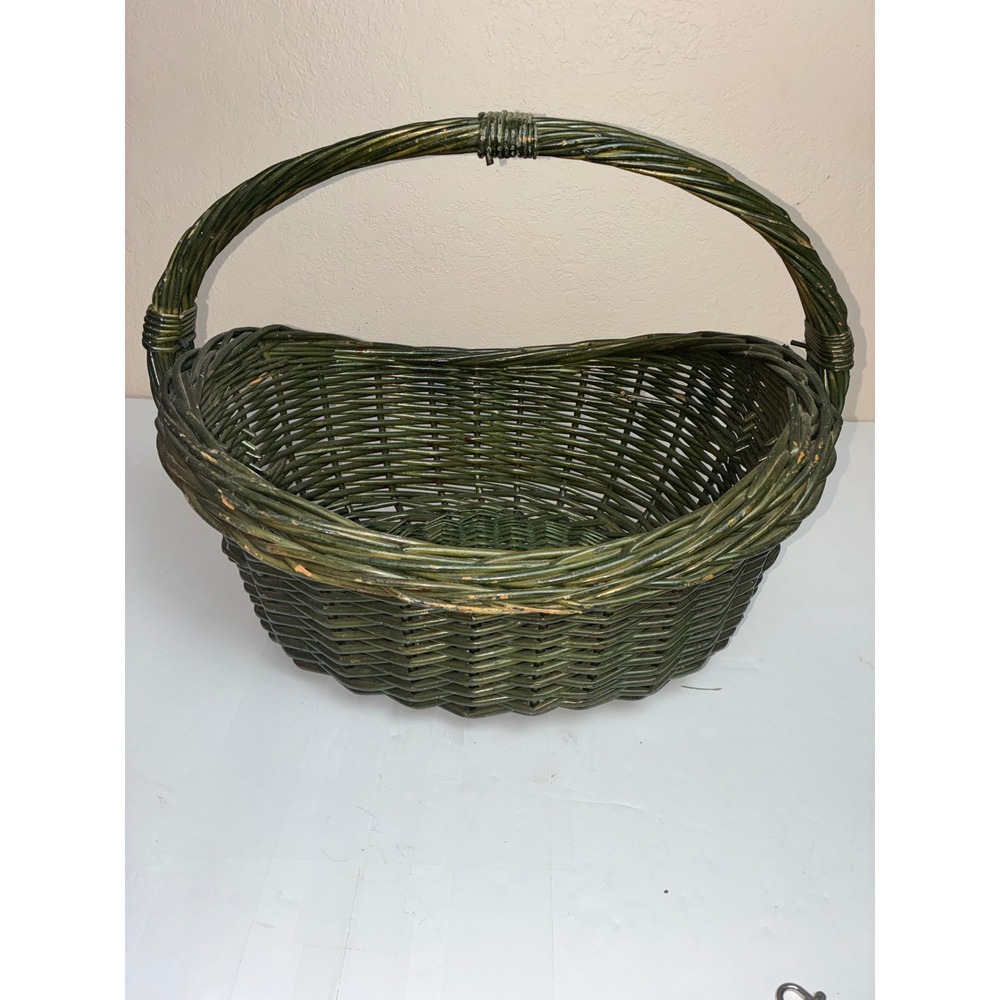 Olive Green Wicker Basket Oval Handle Cottagecore Farmhouse Vintage Style